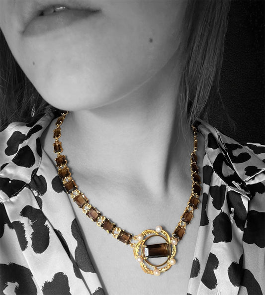 Collier in oro giallo 18K con quarzi fumé – Italia, anni ’60