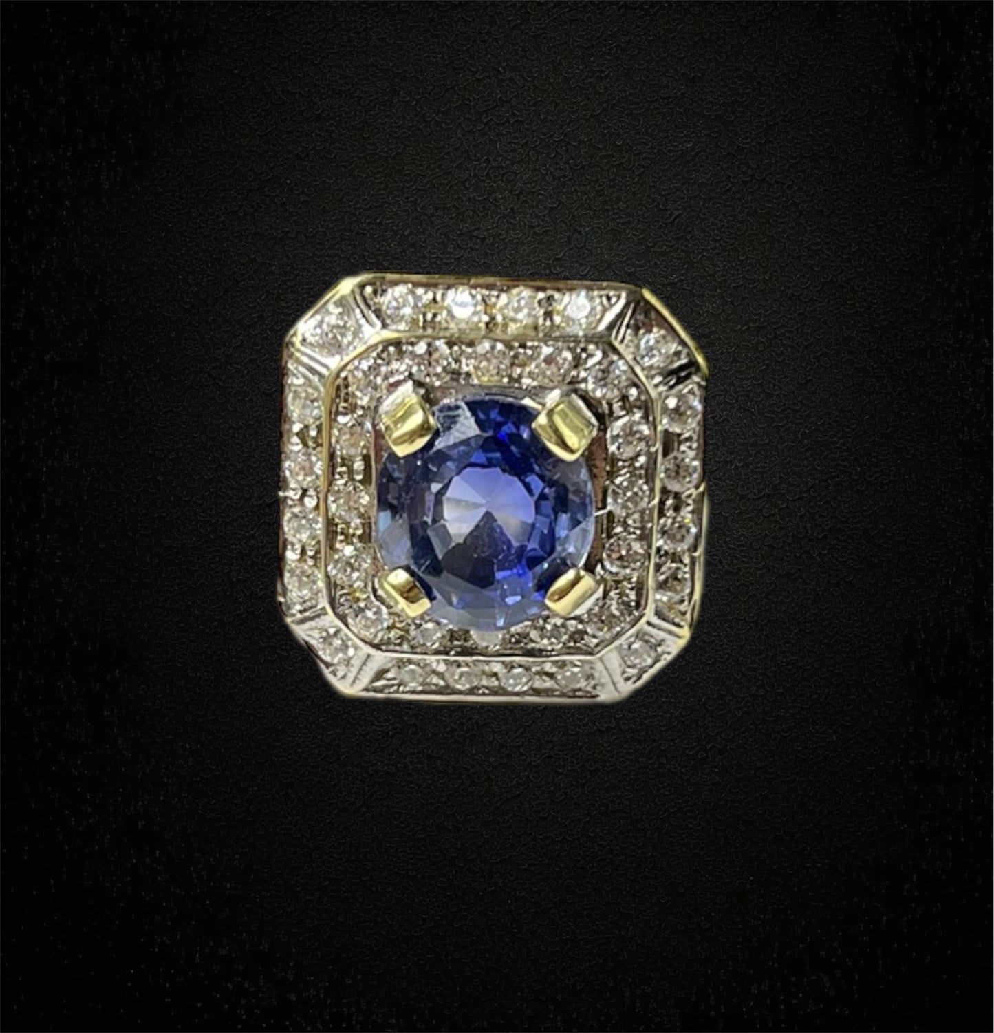 Anello ottagonale a gradini con zaffiro vermeil e diamanti – Italia, anni '80