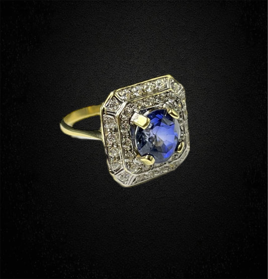 Anello ottagonale a gradini con zaffiro verneuil e diamanti – Italia, anni '80