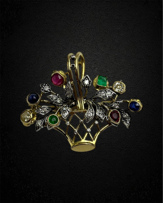 Spilla-Ciondolo a cestino fiorito con diamanti, e pietre preziose colorate.