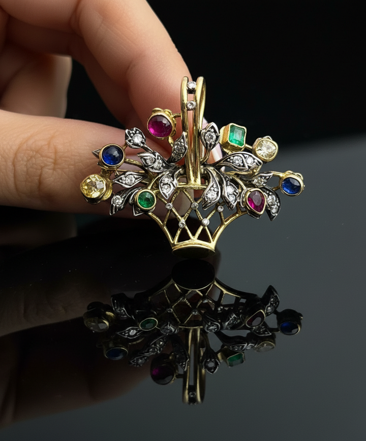 Spilla-Ciondolo a Bouquet con Diamanti e Pietre Preziose