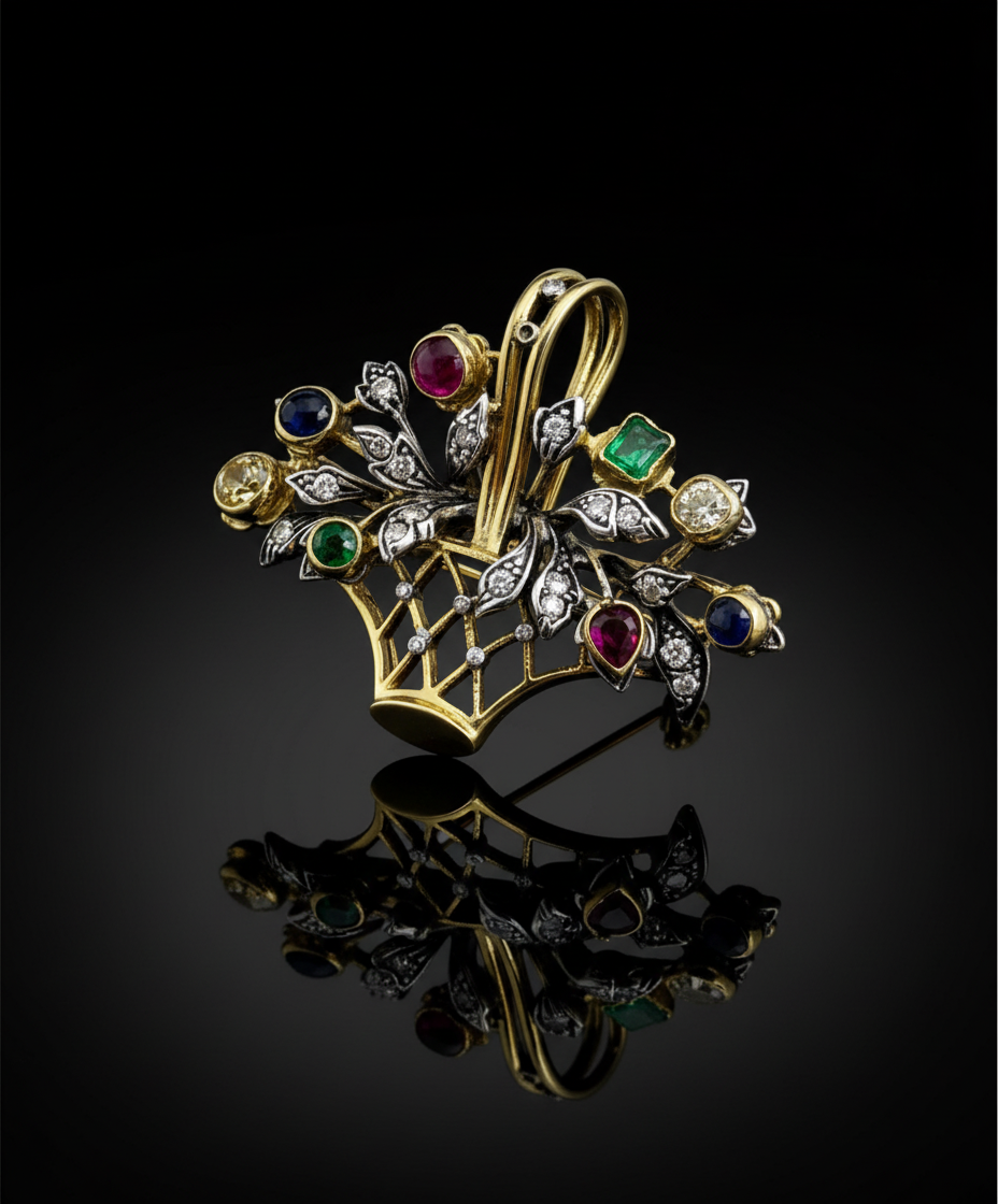 Spilla-Ciondolo a Bouquet con Diamanti e Pietre Preziose