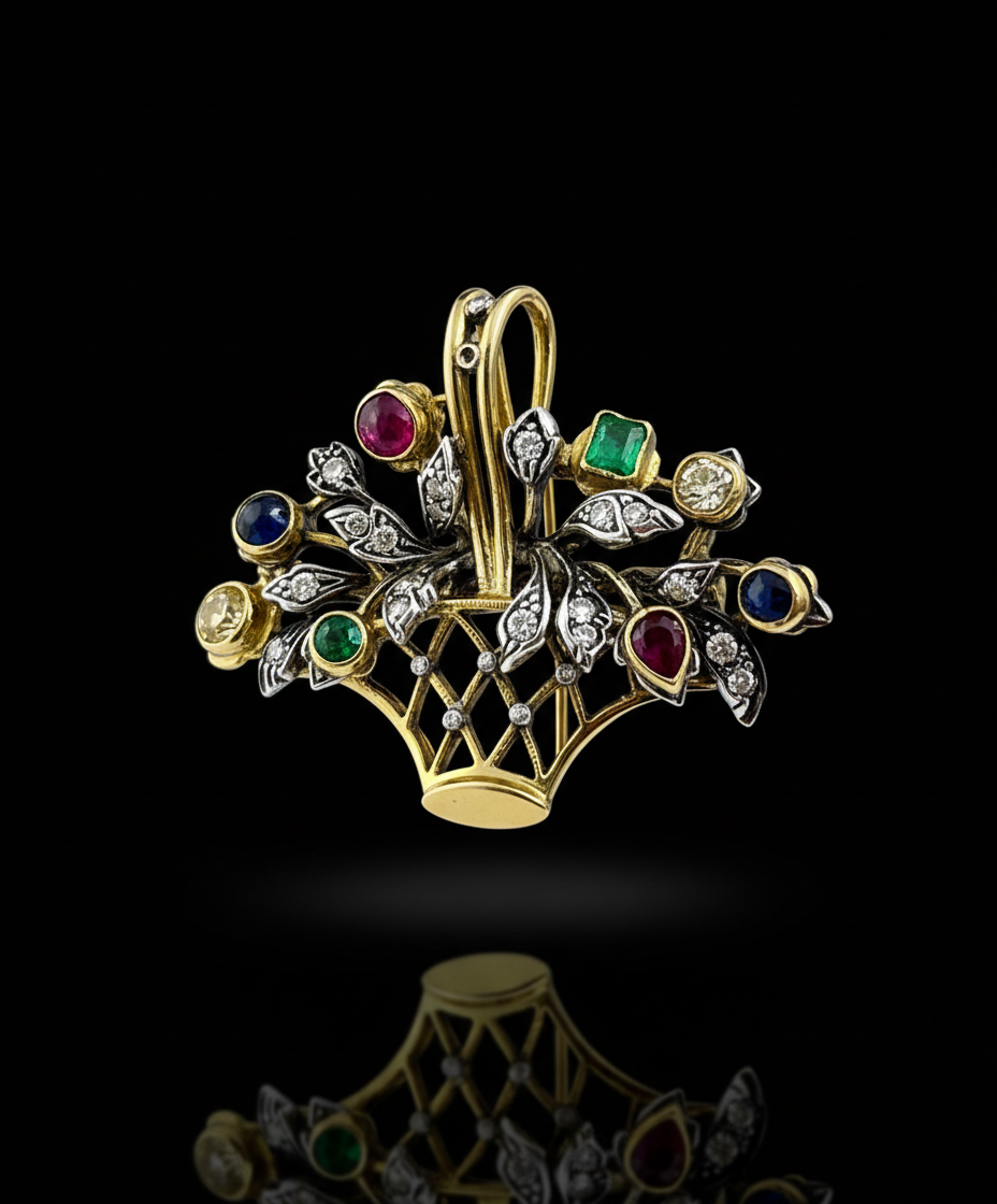 Spilla-Ciondolo a Bouquet con Diamanti e Pietre Preziose