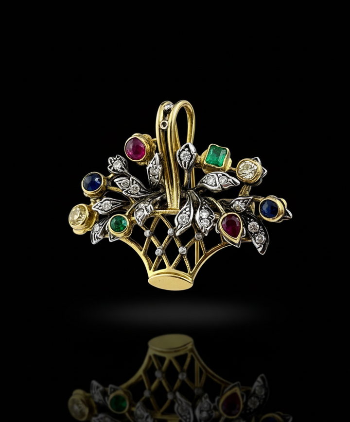 Spilla-Ciondolo a Bouquet con Diamanti e Pietre Preziose