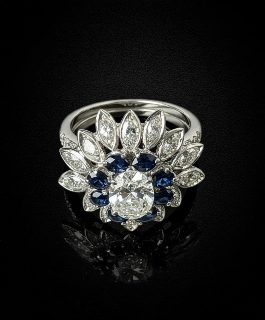 Anello a Fiore Stellato con Zaffiri e Diamanti