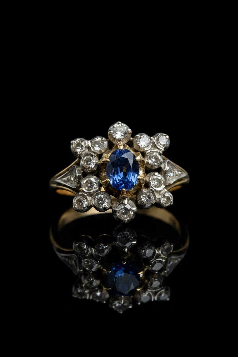 Anello stellato anni ’30 con zaffiro e diamanti naturali