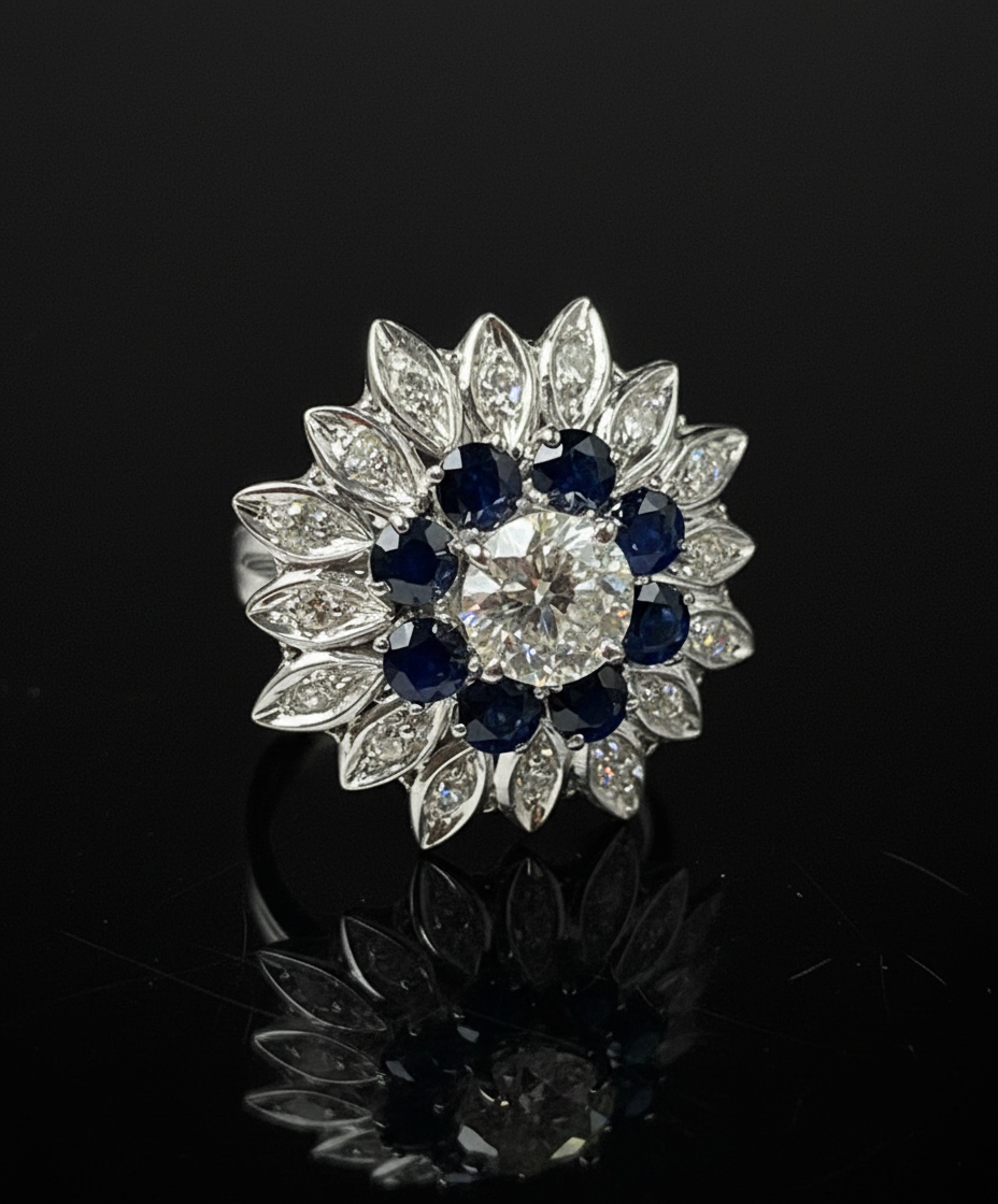 Anello a Fiore Stellato con Zaffiri e Diamanti