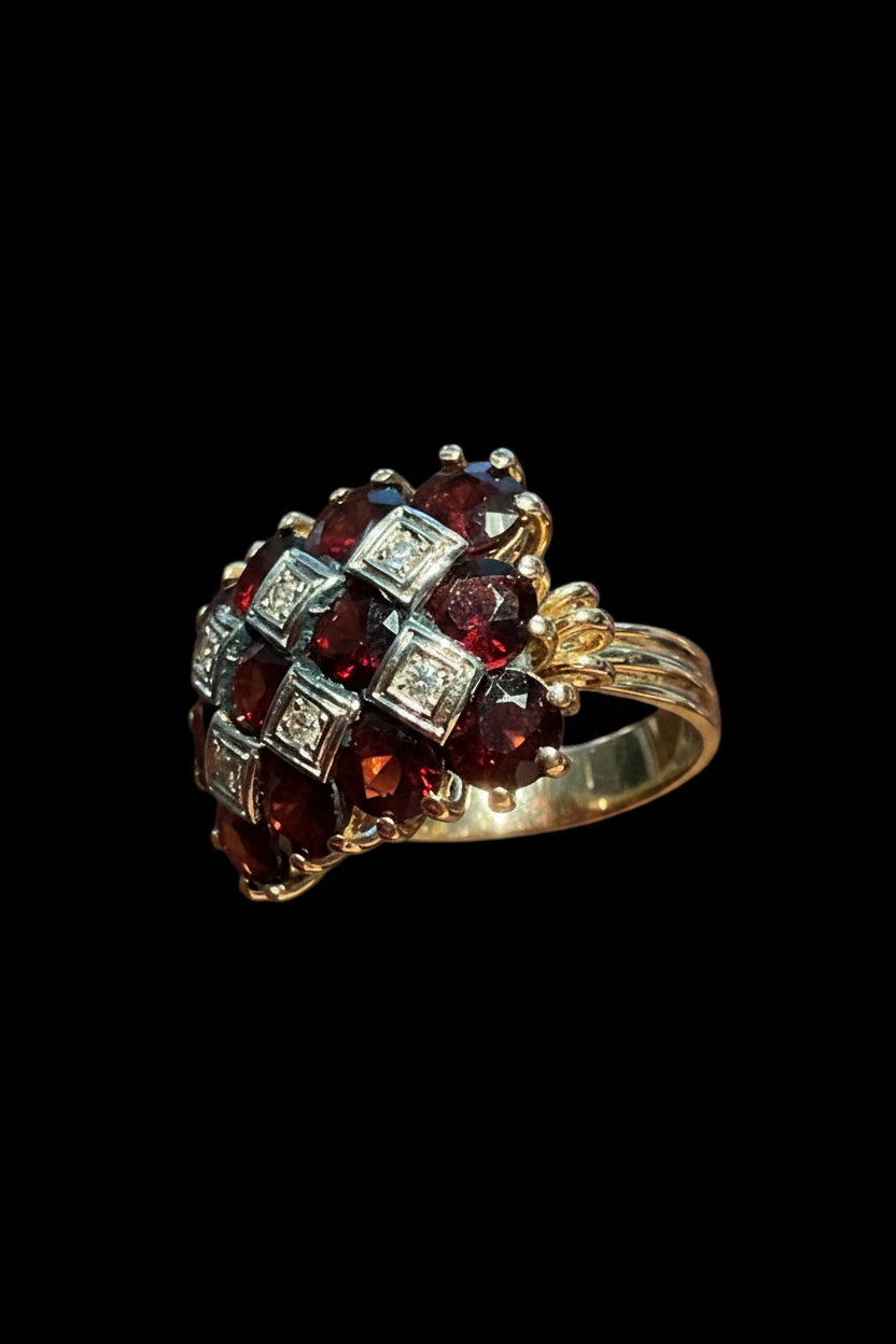 Anello cocktail Anni '50 con Granati e Diamanti