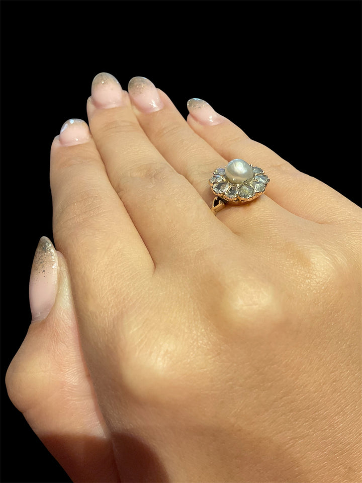 Anello austro-ungarico con perla e diamanti taglio rosa, fine '800