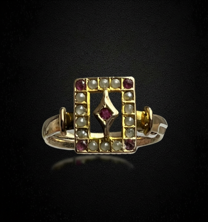 Anello Primi '900 con Rubelliti e Micro Perle