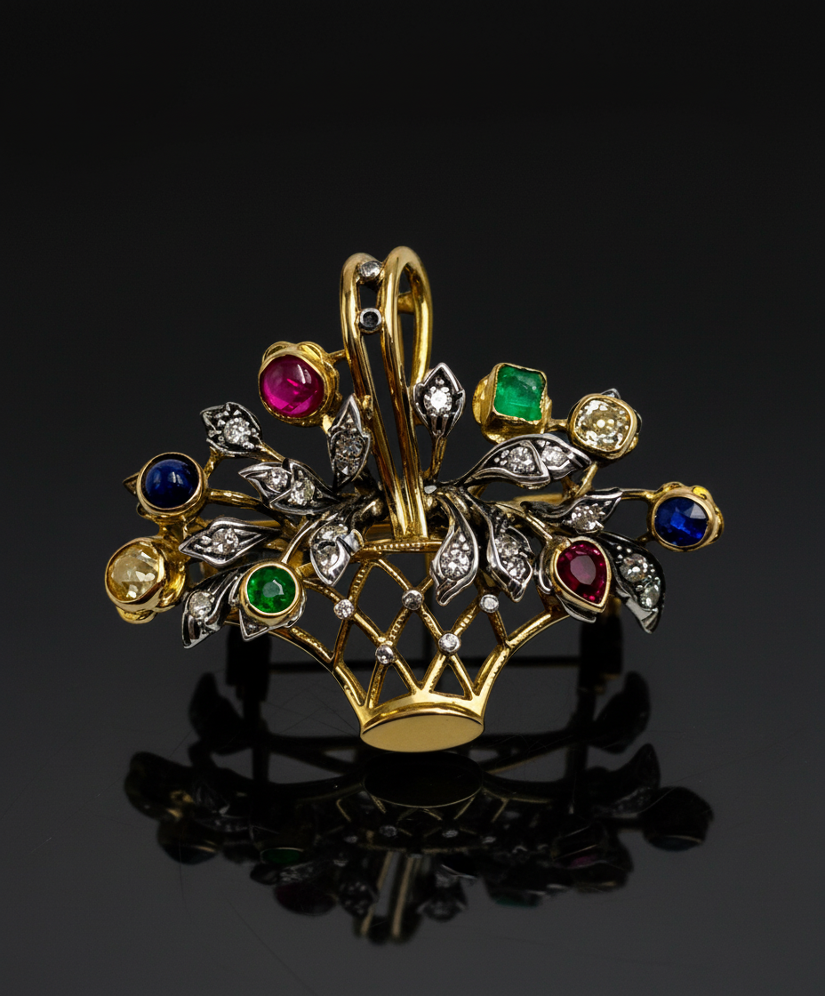 Spilla-Ciondolo a Bouquet con Diamanti e Pietre Preziose