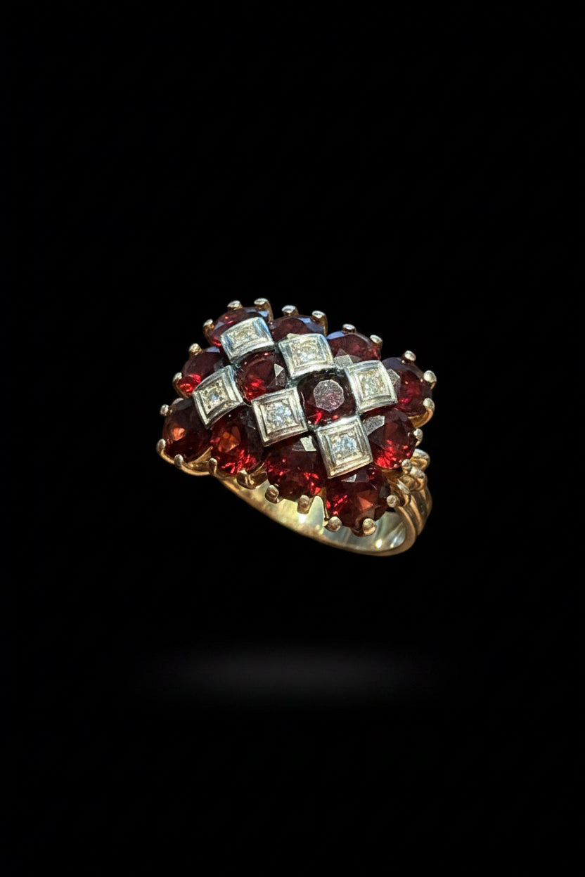 Anello cocktail Anni '50 con Granati e Diamanti
