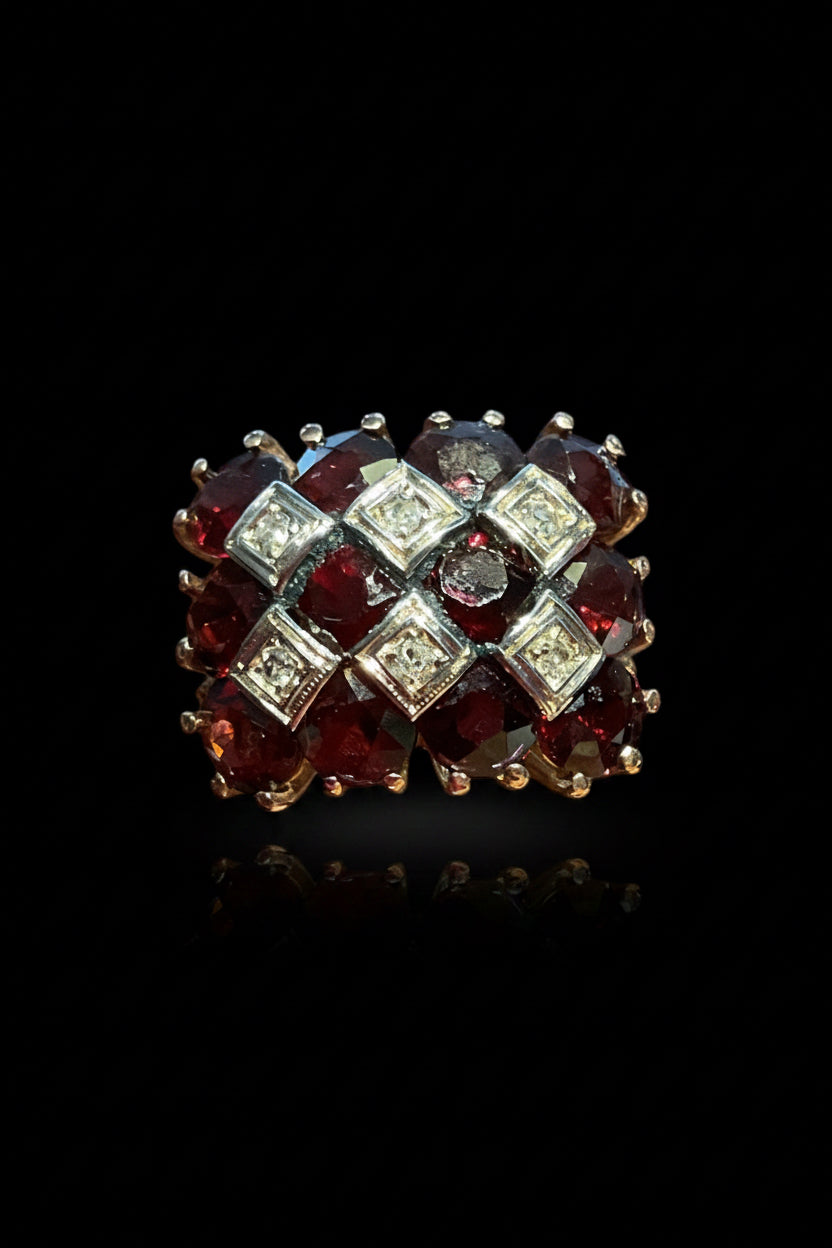 Anello cocktail Anni '50 con Granati e Diamanti