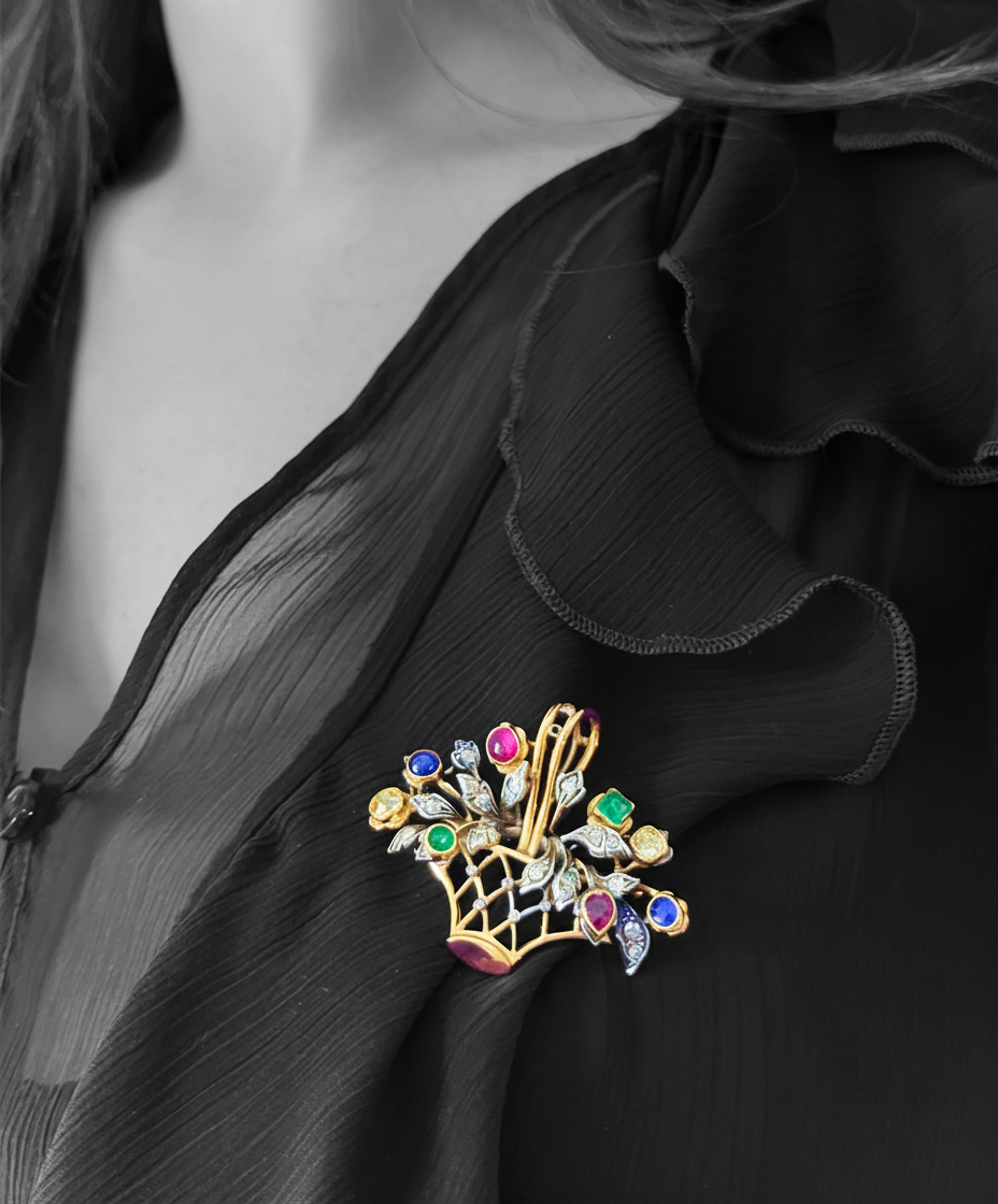 Spilla-Ciondolo a Bouquet con Diamanti e Pietre Preziose