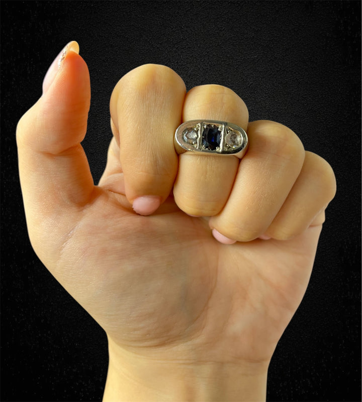 Anello a Ponte con Zaffiro e Diamanti. Primi '900