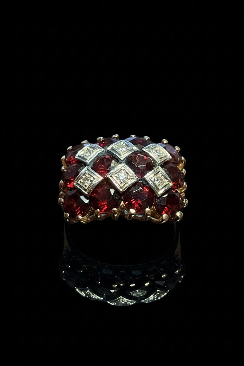 Anello cocktail Anni '50 con Granati e Diamanti