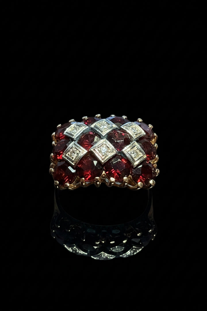Anello cocktail Anni '50 con Granati e Diamanti