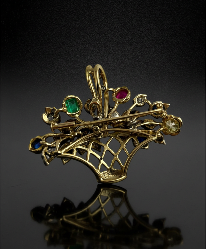 Spilla-Ciondolo a Bouquet con Diamanti e Pietre Preziose