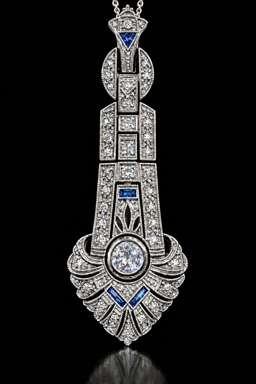 Pendente Art Deco in platino, diamanti e zaffiri
