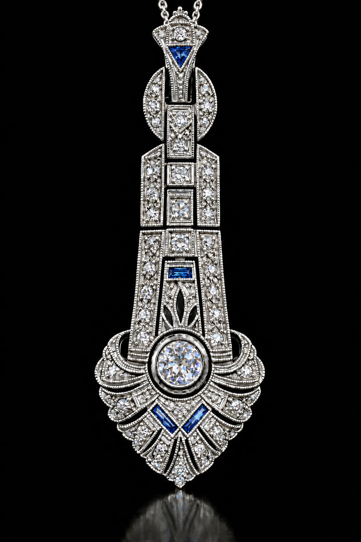Pendente Art Deco in platino, diamanti e zaffiri