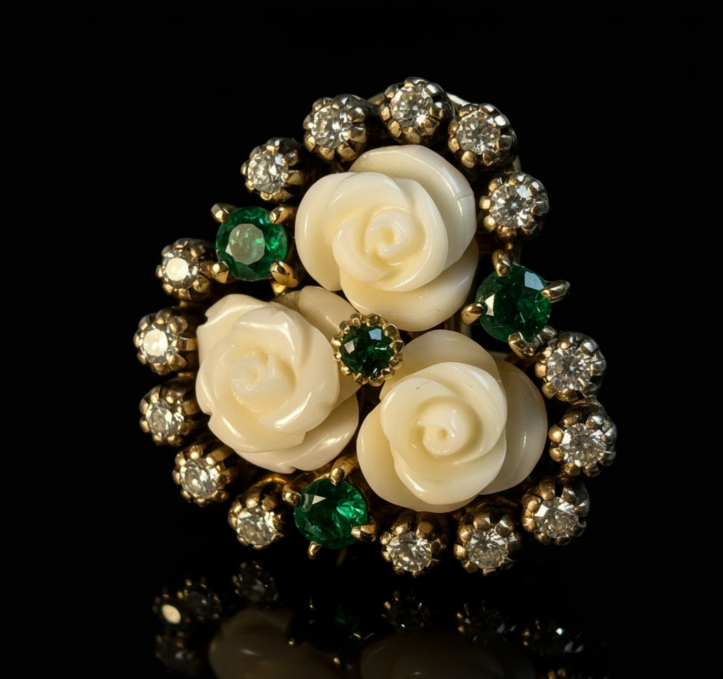 Orecchini con Rose di Corallo Bianco, Smeraldi e Diamanti