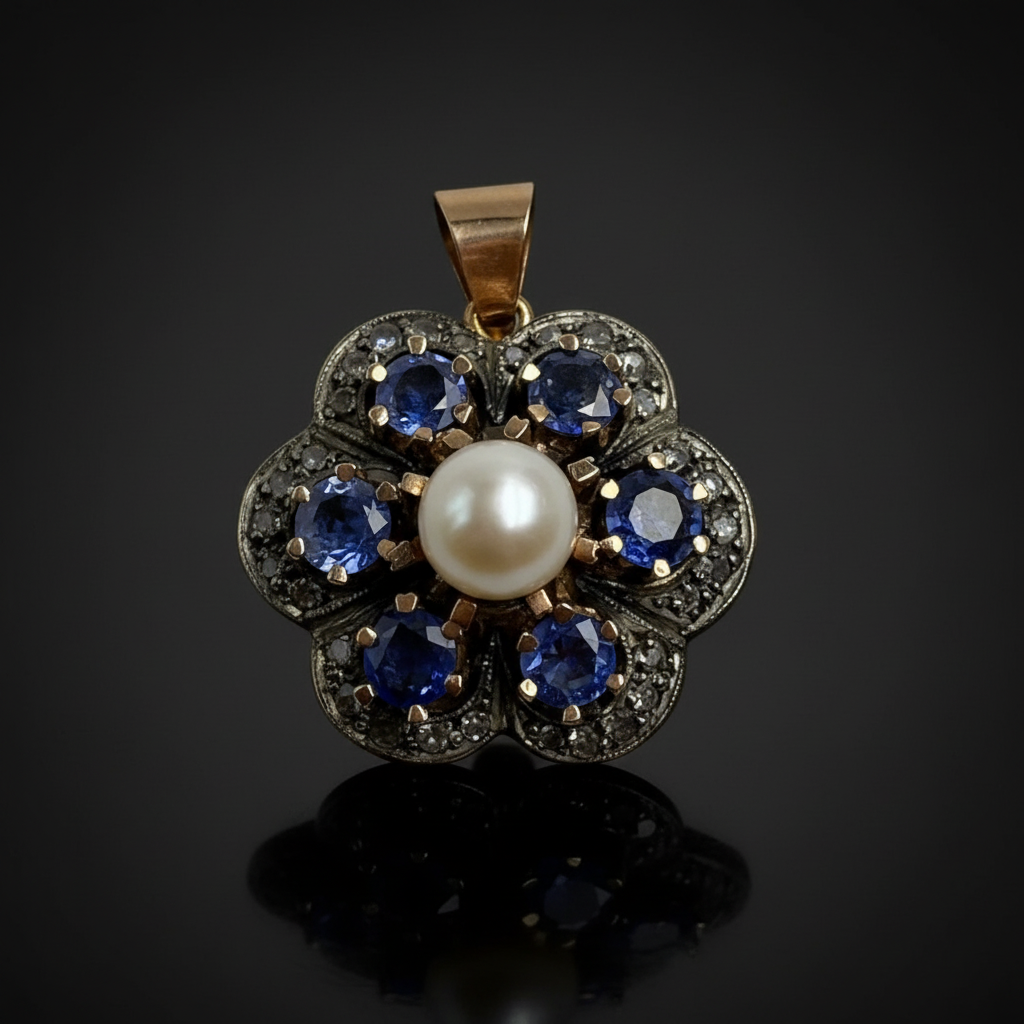 Ciondolo con Zaffiri, Perla e Diamanti