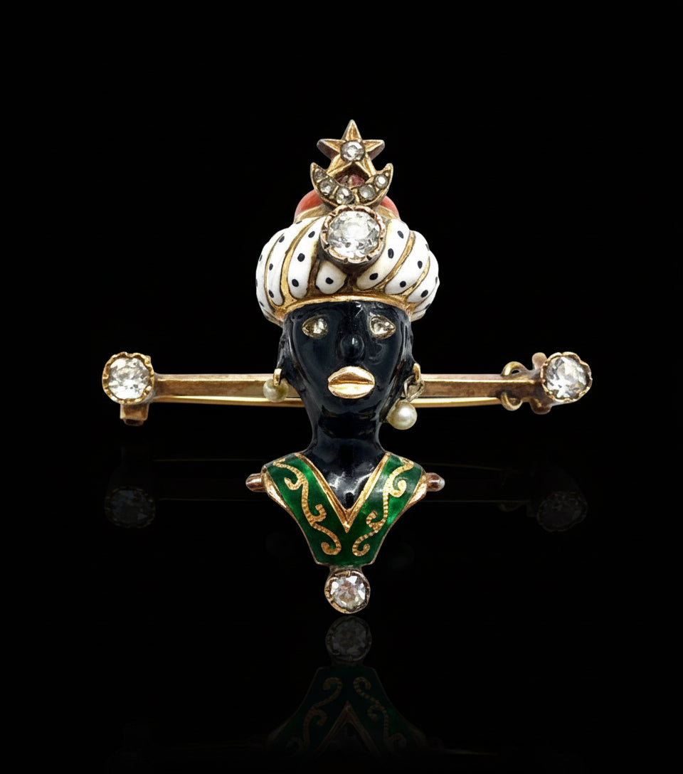 Spilla in oro con smalti policromi con "moretto", firmata Agostino Gigante