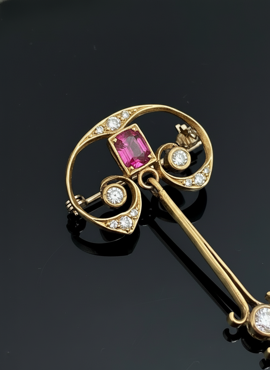 Art nouveau pendant, ruby ​​and diamonds