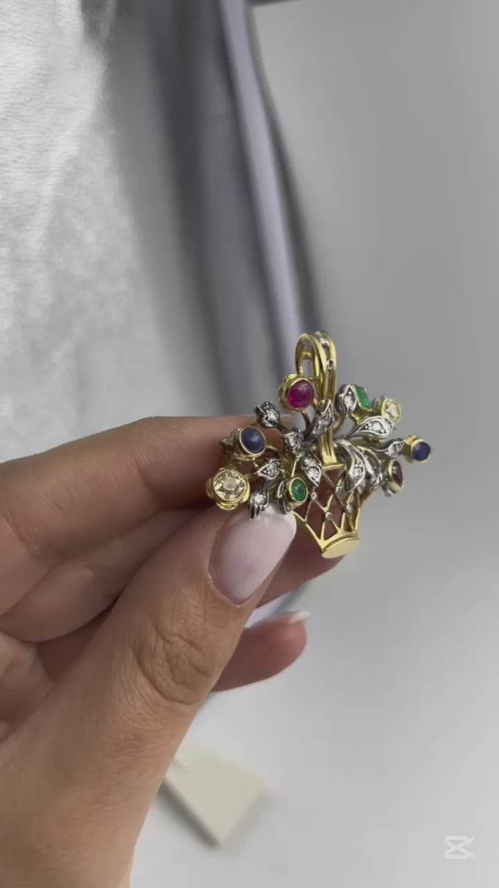 Spilla-Ciondolo a Bouquet con Diamanti e Pietre Preziose